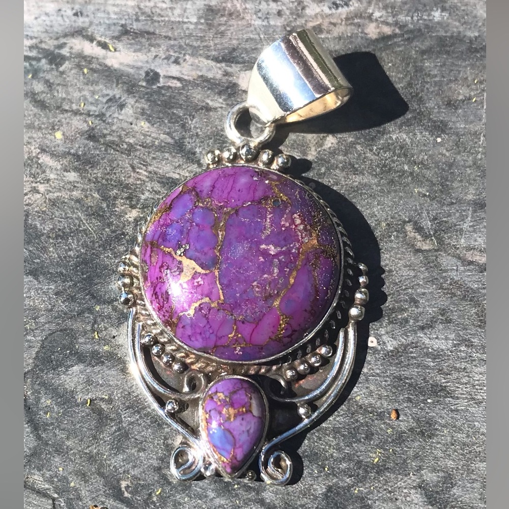 Purple Copper Turquoise Filigree Pendant 925 Sterling Silver Handmade